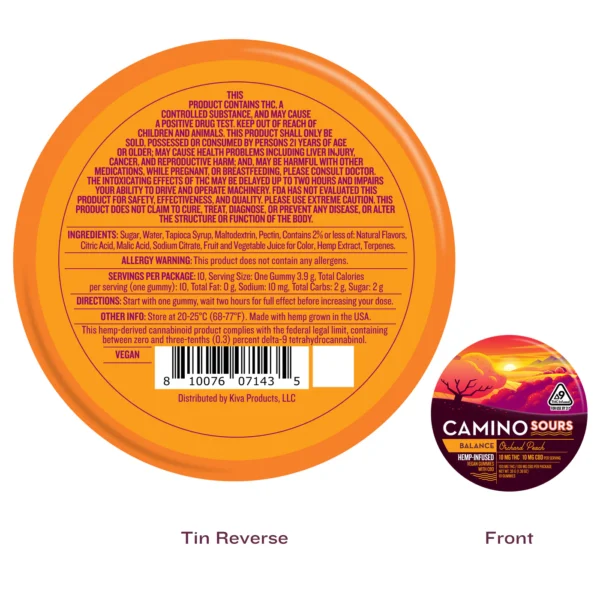 Camino Sours Orchard Peach 'Balance' 10mg THC : 10mg CBD Gummies - Image 2